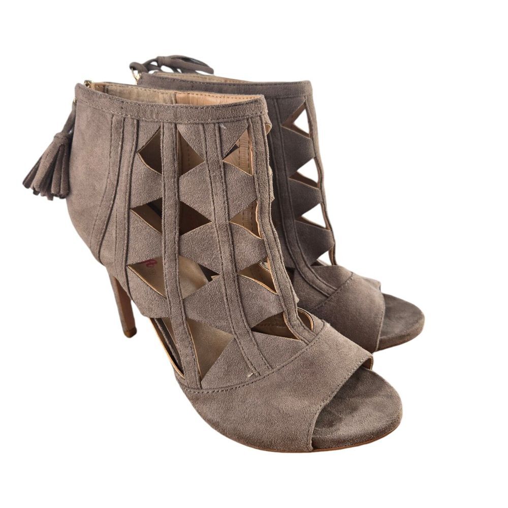 XOXO Womens 8M Taupe Catalina Laser Cut Tassel Peep‎ Toe Stiletto Booties